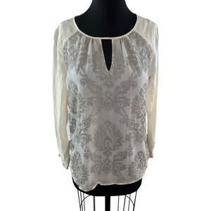 SUNDANCE Embroidered Silk Blouse Keyhole Long Sleeve Cream Top Size M Medium
